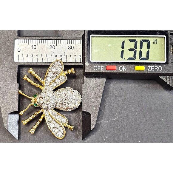 Vintage Rhinestone & Gold-Tone Bee Insect Brooch With Green Eyes - Picture 7 of 7